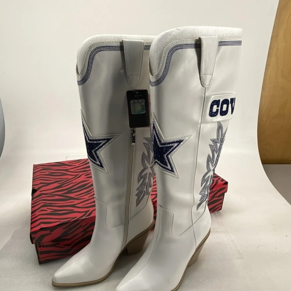 NWT DALLAS COWBOY COWGIRL BOOTS with Blue Embroidery - Picture 3 of 6